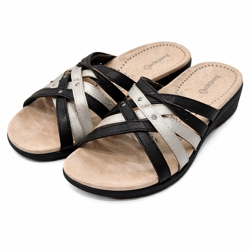BareTraps Comfort Slide Sandals Women’s 7.5W Wide Width Black Silver Adjustable